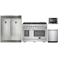 Forno 4-Piece Pro Appliance Package - 48" Gas Range, 56" Pro-Style Refrigerator, Microwave Drawer, & 3-Rack Dishwasher in Stainless Steel - The Home Selection