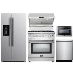 Forno 5-Piece Appliance Package - 30" Gas Range, 36" Refrigerator with Water Dispenser, Wall Mount Hood with Backsplash, Microwave Drawer, & 3-Rack Dishwasher in Stainless Steel - The Home Selection