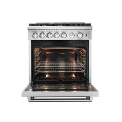 Forno 5-Piece Appliance Package - 30" Gas Range, 56" Pro-Style Refrigerator, Wall Mount Hood with Backsplash, Microwave Drawer, & 3-Rack Dishwasher in Stainless Steel - The Home Selection