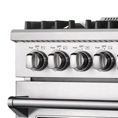 Forno 5-Piece Appliance Package - 30" Gas Range, 56" Pro-Style Refrigerator, Wall Mount Hood with Backsplash, Microwave Drawer, & 3-Rack Dishwasher in Stainless Steel - The Home Selection