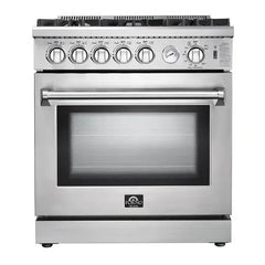 Forno 5-Piece Appliance Package - 30" Gas Range, 56" Pro-Style Refrigerator, Wall Mount Hood with Backsplash, Microwave Drawer, & 3-Rack Dishwasher in Stainless Steel - The Home Selection