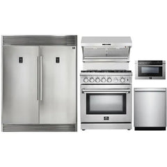 Forno 5-Piece Appliance Package - 30" Gas Range, 56" Pro-Style Refrigerator, Wall Mount Hood with Backsplash, Microwave Drawer, & 3-Rack Dishwasher in Stainless Steel - The Home Selection
