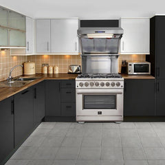 Forno 5-Piece Appliance Package - 36" Dual Fuel Range, 36" Refrigerator with Water Dispenser, Wall Mount Hood with Backsplash, Microwave Drawer, & 3-Rack Dishwasher in Stainless Steel - The Home Selection