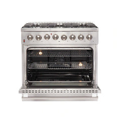 Forno 5-Piece Appliance Package - 36" Dual Fuel Range, 36" Refrigerator with Water Dispenser, Wall Mount Hood with Backsplash, Microwave Drawer, & 3-Rack Dishwasher in Stainless Steel - The Home Selection