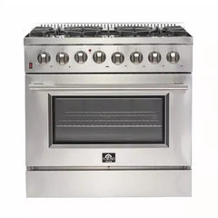 Forno 5-Piece Appliance Package - 36" Dual Fuel Range, 36" Refrigerator with Water Dispenser, Wall Mount Hood with Backsplash, Microwave Drawer, & 3-Rack Dishwasher in Stainless Steel - The Home Selection