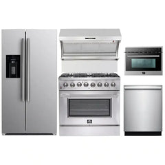 Forno 5-Piece Appliance Package - 36" Dual Fuel Range, 36" Refrigerator with Water Dispenser, Wall Mount Hood with Backsplash, Microwave Oven, & 3-Rack Dishwasher in Stainless Steel - The Home Selection