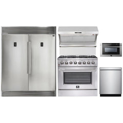 Forno 5-Piece Appliance Package - 36" Dual Fuel Range, 56" Pro-Style Refrigerator, Wall Mount Hood with Backsplash, Microwave Drawer, & 3-Rack Dishwasher in Stainless Steel - The Home Selection