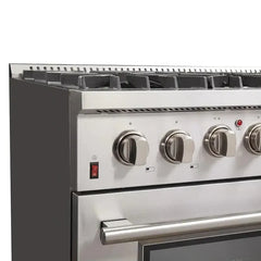 Forno 5-Piece Appliance Package - 36" Dual Fuel Range, 56" Pro-Style Refrigerator, Wall Mount Hood with Backsplash, Microwave Oven, & 3-Rack Dishwasher in Stainless Steel - The Home Selection