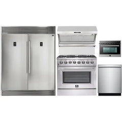 Forno 5-Piece Appliance Package - 36" Dual Fuel Range, 56" Pro-Style Refrigerator, Wall Mount Hood with Backsplash, Microwave Oven, & 3-Rack Dishwasher in Stainless Steel - The Home Selection