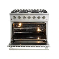 Forno 5-Piece Appliance Package - 36" Gas Range, 36" Refrigerator with Water Dispenser, Wall Mount Hood with Backsplash, Microwave Drawer, & 3-Rack Dishwasher in Stainless Steel - The Home Selection