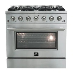 Forno 5-Piece Appliance Package - 36" Gas Range, 36" Refrigerator with Water Dispenser, Wall Mount Hood with Backsplash, Microwave Drawer, & 3-Rack Dishwasher in Stainless Steel - The Home Selection
