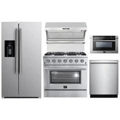 Forno 5-Piece Appliance Package - 36" Gas Range, 36" Refrigerator with Water Dispenser, Wall Mount Hood with Backsplash, Microwave Drawer, & 3-Rack Dishwasher in Stainless Steel - The Home Selection