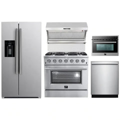 Forno 5-Piece Appliance Package - 36" Gas Range, 36" Refrigerator with Water Dispenser, Wall Mount Hood with Backsplash, Microwave Oven, & 3-Rack Dishwasher in Stainless Steel - The Home Selection