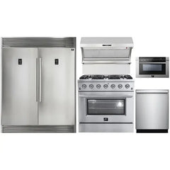 Forno 5-Piece Appliance Package - 36" Gas Range, 56" Pro-Style Refrigerator, Wall Mount Hood with Backsplash, Microwave Drawer, & 3-Rack Dishwasher in Stainless Steel - The Home Selection