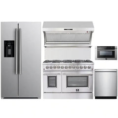 Forno 5-Piece Appliance Package - 48" Dual Fuel Range, 36" Refrigerator with Water Dispenser, Wall Mount Hood with Backsplash, Microwave Drawer, & 3-Rack Dishwasher in Stainless Steel - The Home Selection