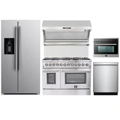 Forno 5-Piece Appliance Package - 48" Dual Fuel Range, 36" Refrigerator with Water Dispenser, Wall Mount Hood with Backsplash, Microwave Oven, & 3-Rack Dishwasher in Stainless Steel - The Home Selection