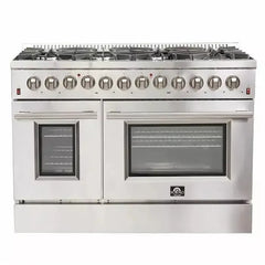 Forno 5-Piece Appliance Package - 48" Dual Fuel Range, 56" Pro-Style Refrigerator, Wall Mount Hood with Backsplash, Microwave Drawer, & 3-Rack Dishwasher in Stainless Steel - The Home Selection