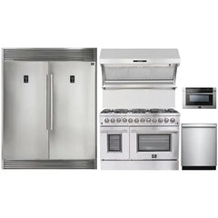 Forno 5-Piece Appliance Package - 48" Dual Fuel Range, 56" Pro-Style Refrigerator, Wall Mount Hood with Backsplash, Microwave Drawer, & 3-Rack Dishwasher in Stainless Steel - The Home Selection