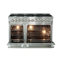 Forno 5-Piece Appliance Package - 48" Dual Fuel Range, 56" Pro-Style Refrigerator, Wall Mount Hood with Backsplash, Microwave Oven, & 3-Rack Dishwasher in Stainless Steel - The Home Selection