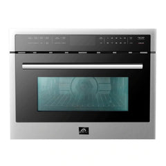 Forno 5-Piece Appliance Package - 48" Dual Fuel Range, 56" Pro-Style Refrigerator, Wall Mount Hood with Backsplash, Microwave Oven, & 3-Rack Dishwasher in Stainless Steel - The Home Selection