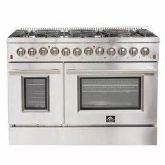 Forno 5-Piece Appliance Package - 48" Dual Fuel Range, 56" Pro-Style Refrigerator, Wall Mount Hood with Backsplash, Microwave Oven, & 3-Rack Dishwasher in Stainless Steel - The Home Selection