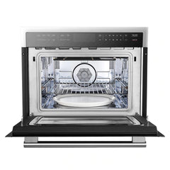 Forno 5-Piece Appliance Package - 48" Dual Fuel Range, 56" Pro-Style Refrigerator, Wall Mount Hood with Backsplash, Microwave Oven, & 3-Rack Dishwasher in Stainless Steel - The Home Selection