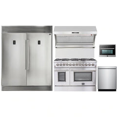 Forno 5-Piece Appliance Package - 48" Dual Fuel Range, 56" Pro-Style Refrigerator, Wall Mount Hood with Backsplash, Microwave Oven, & 3-Rack Dishwasher in Stainless Steel - The Home Selection