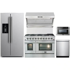 Forno 5-Piece Appliance Package - 48" Gas Range, 36" Refrigerator with Water Dispenser, Wall Mount Hood with Backsplash, Microwave Drawer, & 3-Rack Dishwasher in Stainless Steel - The Home Selection