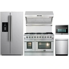 Forno 5-Piece Appliance Package - 48" Gas Range, 36" Refrigerator with Water Dispenser, Wall Mount Hood with Backsplash, Microwave Oven, & 3-Rack Dishwasher in Stainless Steel - The Home Selection