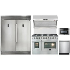 Forno 5-Piece Appliance Package - 48" Gas Range, 56" Pro-Style Refrigerator, Wall Mount Hood with Backsplash, Microwave Drawer, & 3-Rack Dishwasher in Stainless Steel - The Home Selection