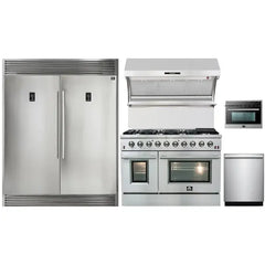 Forno 5-Piece Appliance Package - 48" Gas Range, 56" Pro-Style Refrigerator, Wall Mount Hood with Backsplash, Microwave Oven, & 3-Rack Dishwasher in Stainless Steel - The Home Selection