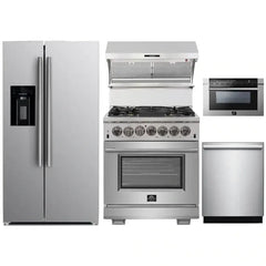Forno 5-Piece Pro Appliance Package - 30" Dual Fuel Range, 36" Refrigerator with Water Dispenser, Wall Mount Hood with Backsplash, Microwave Drawer, & 3-Rack Dishwasher in Stainless Steel - The Home Selection