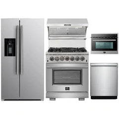 Forno 5-Piece Pro Appliance Package - 30" Dual Fuel Range, 36" Refrigerator with Water Dispenser, Wall Mount Hood with Backsplash, Microwave Oven, & 3-Rack Dishwasher in Stainless Steel - The Home Selection