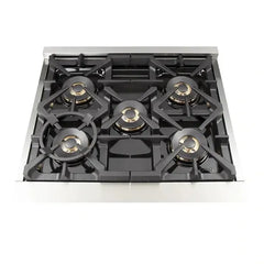 Forno 5-Piece Pro Appliance Package - 30" Dual Fuel Range, 56" Pro-Style Refrigerator, Wall Mount Hood with Backsplash, Microwave Drawer, & 3-Rack Dishwasher in Stainless Steel - The Home Selection