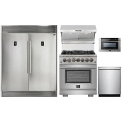 Forno 5-Piece Pro Appliance Package - 30" Dual Fuel Range, 56" Pro-Style Refrigerator, Wall Mount Hood with Backsplash, Microwave Drawer, & 3-Rack Dishwasher in Stainless Steel - The Home Selection