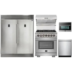 Forno 5-Piece Pro Appliance Package - 30" Dual Fuel Range, 56" Pro-Style Refrigerator, Wall Mount Hood with Backsplash, Microwave Oven, & 3-Rack Dishwasher in Stainless Steel - The Home Selection