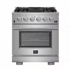 Forno 5-Piece Pro Appliance Package - 30" Gas Range, 36" Refrigerator with Water Dispenser, Wall Mount Hood with Backsplash, Microwave Drawer, & 3-Rack Dishwasher in Stainless Steel - The Home Selection