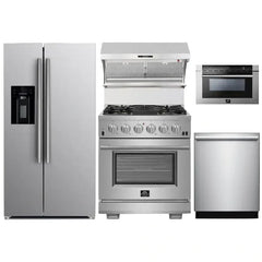 Forno 5-Piece Pro Appliance Package - 30" Gas Range, 36" Refrigerator with Water Dispenser, Wall Mount Hood with Backsplash, Microwave Drawer, & 3-Rack Dishwasher in Stainless Steel - The Home Selection