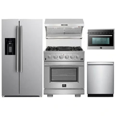 Forno 5-Piece Pro Appliance Package - 30" Gas Range, 36" Refrigerator with Water Dispenser, Wall Mount Hood with Backsplash, Microwave Oven, & 3-Rack Dishwasher in Stainless Steel - The Home Selection