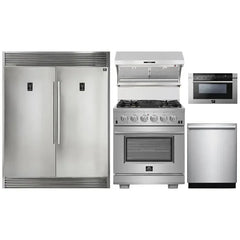 Forno 5-Piece Pro Appliance Package - 30" Gas Range, 56" Pro-Style Refrigerator, Wall Mount Hood with Backsplash, Microwave Drawer, & 3-Rack Dishwasher in Stainless Steel - The Home Selection