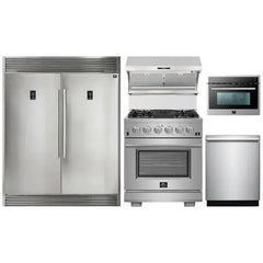Forno 5-Piece Pro Appliance Package - 30" Gas Range, 56" Pro-Style Refrigerator, Wall Mount Hood with Backsplash, Microwave Oven, & 3-Rack Dishwasher in Stainless Steel - The Home Selection
