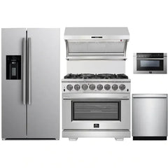 Forno 5-Piece Pro Appliance Package - 36" Dual Fuel Range, 36" Refrigerator with Water Dispenser, Wall Mount Hood with Backsplash, Microwave Drawer, & 3-Rack Dishwasher in Stainless Steel - The Home Selection