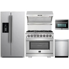 Forno 5-Piece Pro Appliance Package - 36" Dual Fuel Range, 36" Refrigerator with Water Dispenser, Wall Mount Hood with Backsplash, Microwave Oven, & 3-Rack Dishwasher in Stainless Steel - The Home Selection