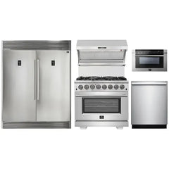 Forno 5-Piece Pro Appliance Package - 36" Dual Fuel Range, 56" Pro-Style Refrigerator, Wall Mount Hood with Backsplash, Microwave Drawer, & 3-Rack Dishwasher in Stainless Steel - The Home Selection