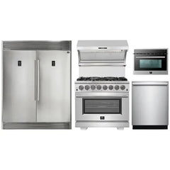 Forno 5-Piece Pro Appliance Package - 36" Dual Fuel Range, 56" Pro-Style Refrigerator, Wall Mount Hood with Backsplash, Microwave Oven, & 3-Rack Dishwasher in Stainless Steel - The Home Selection