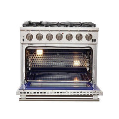 Forno 5-Piece Pro Appliance Package - 36" Gas Range, 36" Refrigerator with Water Dispenser, 36" Wall Mount Hood, Microwave Oven, & 3-Rack Dishwasher in Stainless Steel - The Home Selection