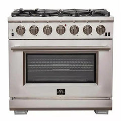 Forno 5-Piece Pro Appliance Package - 36" Gas Range, 36" Refrigerator with Water Dispenser, 36" Wall Mount Hood, Microwave Oven, & 3-Rack Dishwasher in Stainless Steel - The Home Selection