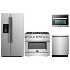 Forno 5-Piece Pro Appliance Package - 36" Gas Range, 36" Refrigerator with Water Dispenser, 36" Wall Mount Hood, Microwave Oven, & 3-Rack Dishwasher in Stainless Steel - The Home Selection
