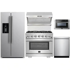 Forno 5-Piece Pro Appliance Package - 36" Gas Range, 36" Refrigerator with Water Dispenser, Wall Mount Hood with Backsplash, Microwave Drawer, & 3-Rack Dishwasher in Stainless Steel - The Home Selection