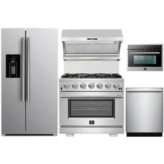 Forno 5-Piece Pro Appliance Package - 36" Gas Range, 36" Refrigerator with Water Dispenser, Wall Mount Hood with Backsplash, Microwave Oven, & 3-Rack Dishwasher in Stainless Steel - The Home Selection